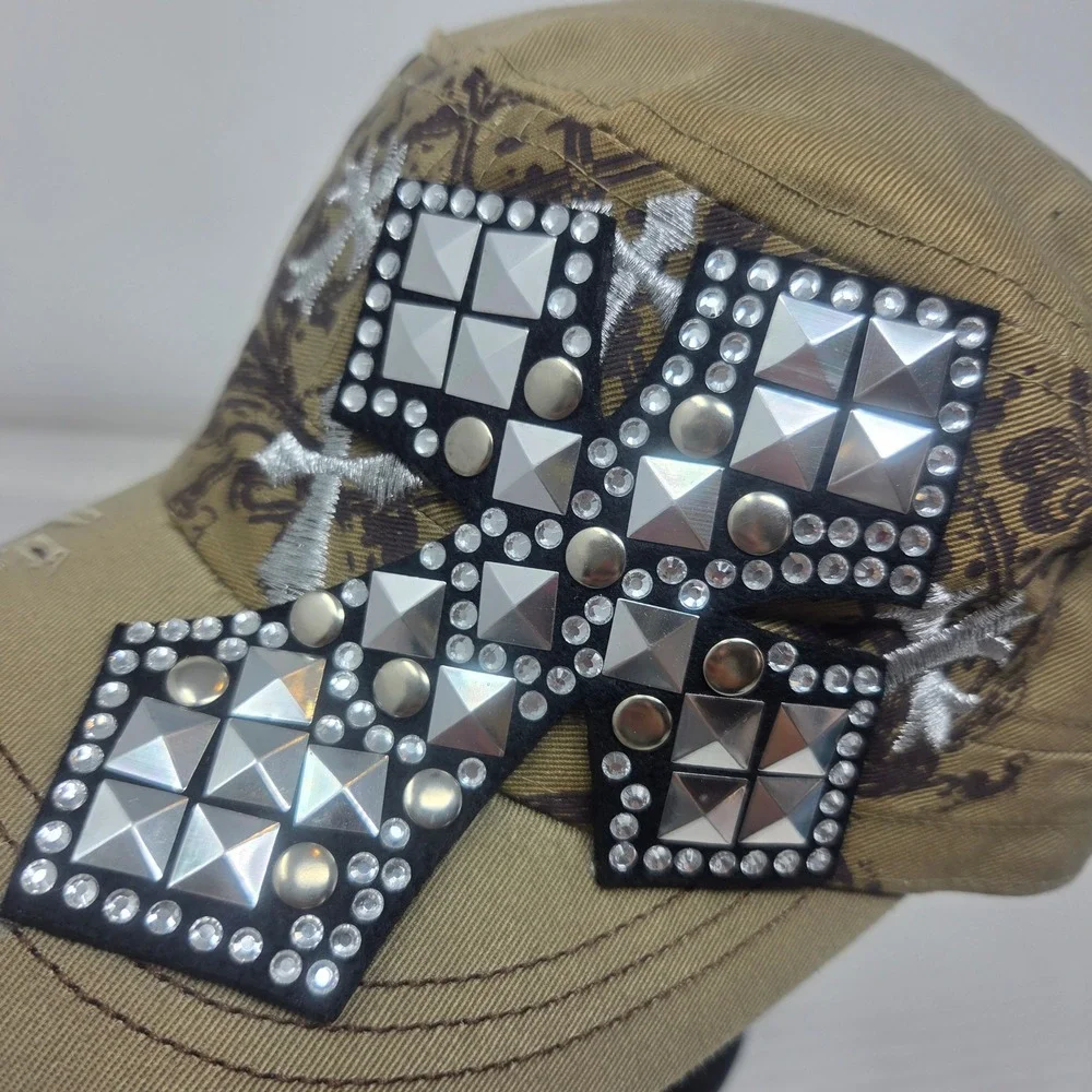 Leader Cadet Hat Women OS Tan Studded Cross Distressed Gothic Biker LEA